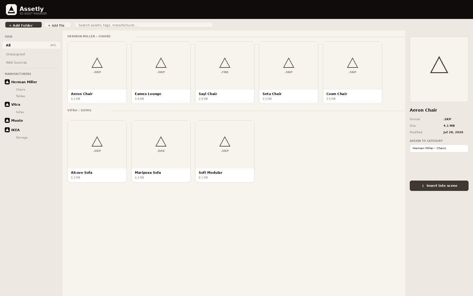 Assetly library window inside SketchUp, showing models organized by manufacturer